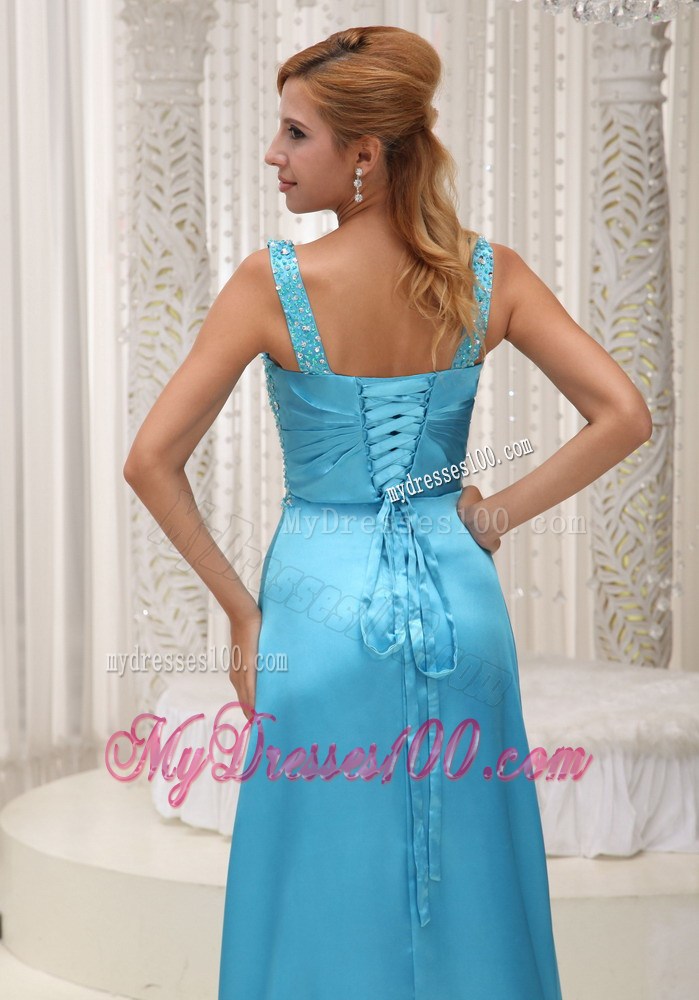 Straps Beaded and Ruched Aqua Blue Prom Gown with High Slit and Brush Train