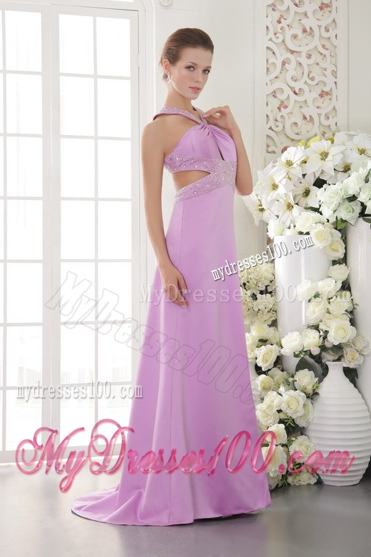 Beading and Ruches Decorate on Lavender Brush Train Prom Dress with Cutout