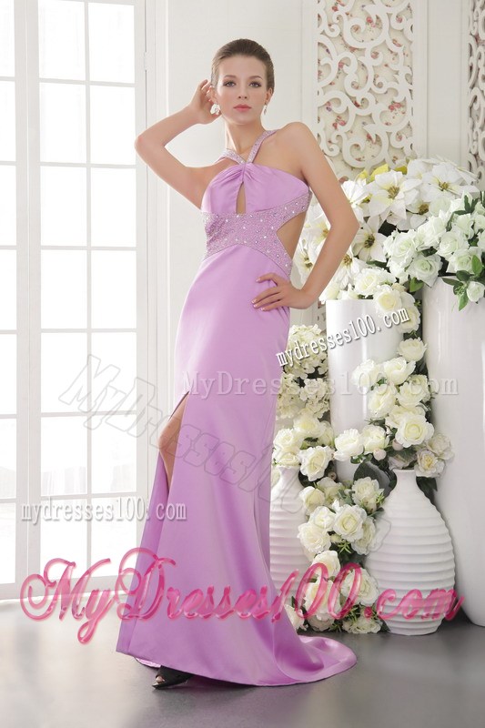 Beading and Ruches Decorate on Lavender Brush Train Prom Dress with Cutout
