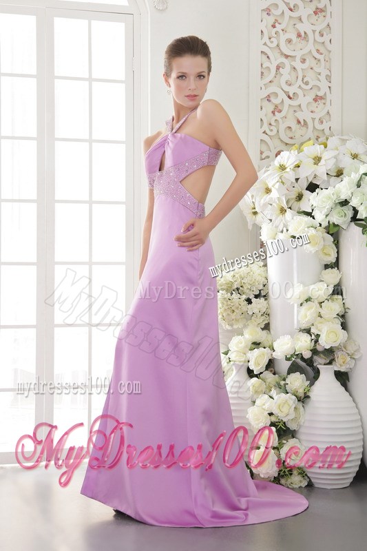 Beading and Ruches Decorate on Lavender Brush Train Prom Dress with Cutout