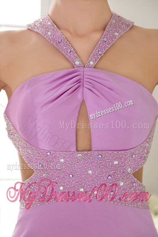 Beading and Ruches Decorate on Lavender Brush Train Prom Dress with Cutout