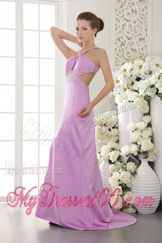 Beading and Ruches Decorate on Lavender Brush Train Prom Dress with Cutout