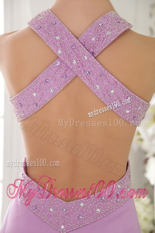 Beading and Ruches Decorate on Lavender Brush Train Prom Dress with Cutout