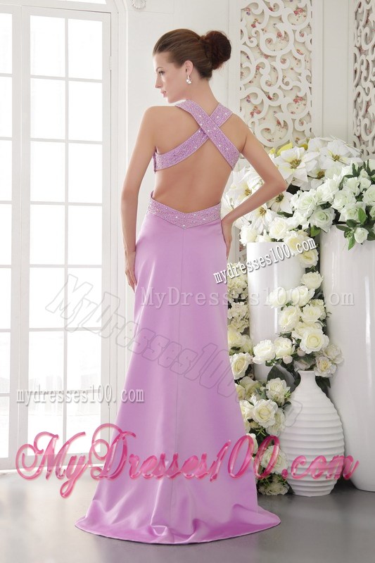 Beading and Ruches Decorate on Lavender Brush Train Prom Dress with Cutout
