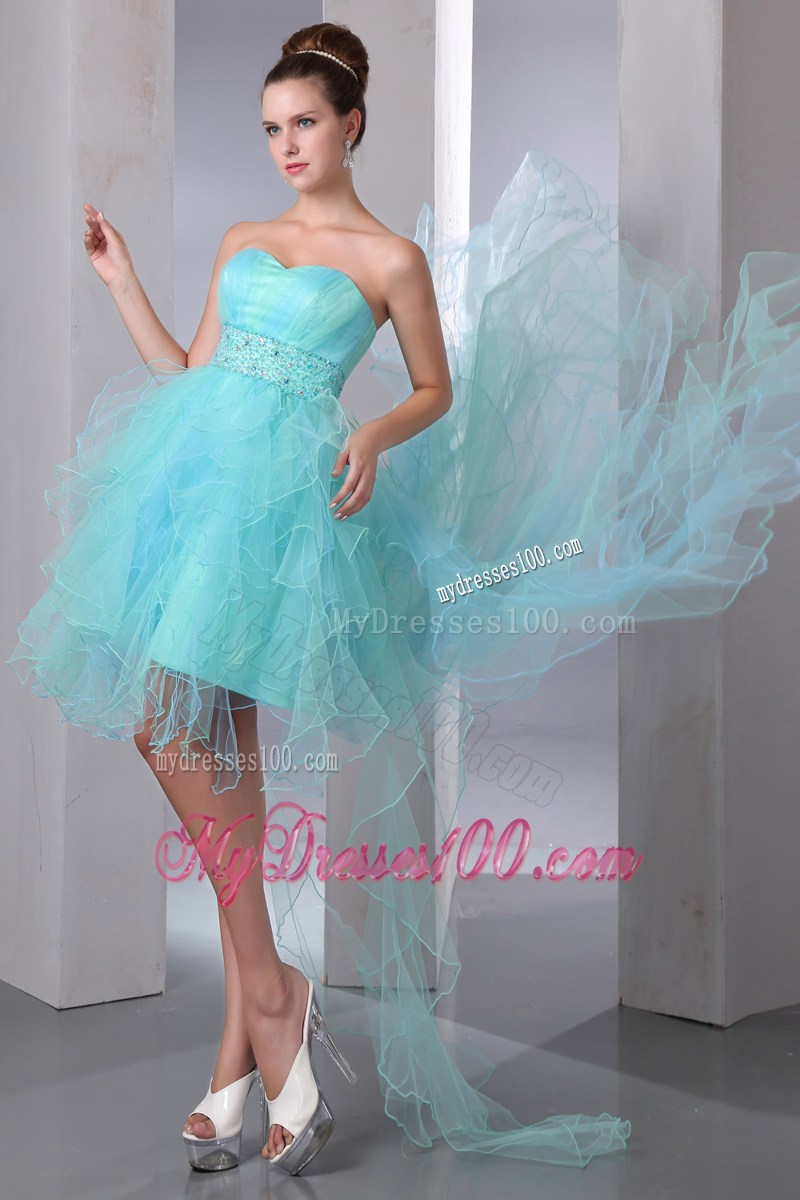 Beautiful Aqua Blue High-low Organza Prom Gowns with Beading and Puffy Ruffles