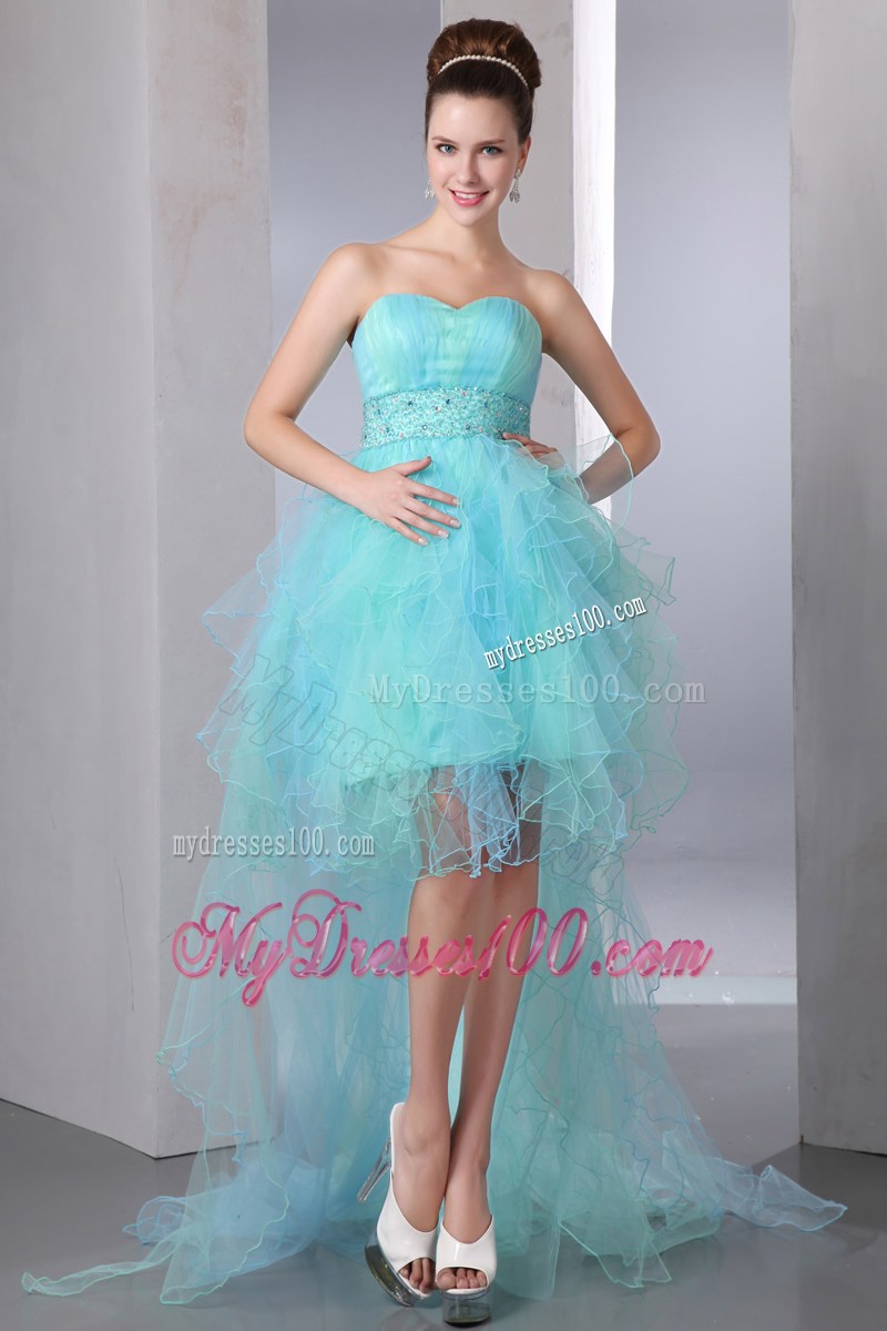 Beautiful Aqua Blue High-low Organza Prom Gowns with Beading and Puffy Ruffles