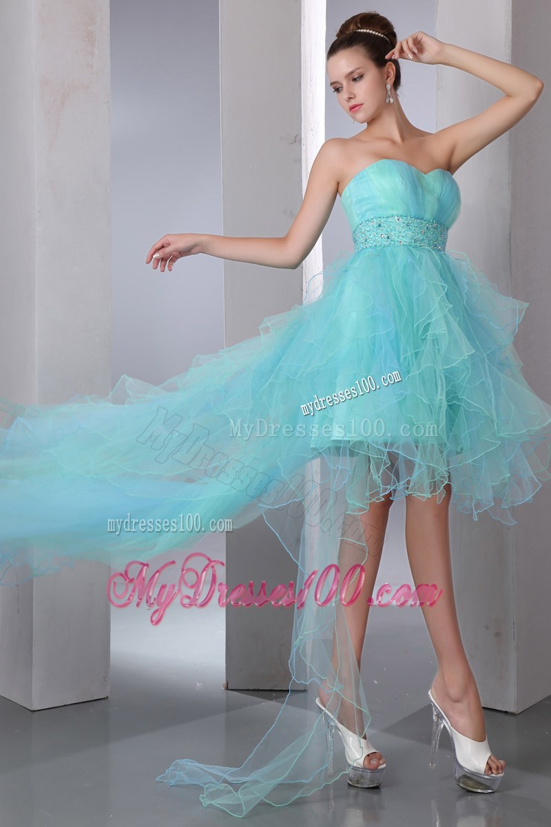 Beautiful Aqua Blue High-low Organza Prom Gowns with Beading and Puffy Ruffles