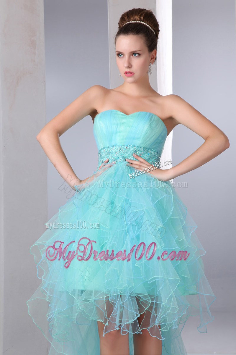Beautiful Aqua Blue High-low Organza Prom Gowns with Beading and Puffy Ruffles