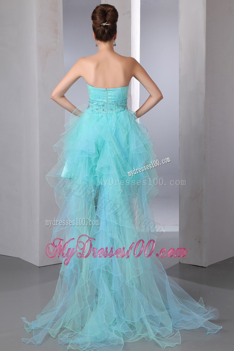 Beautiful Aqua Blue High-low Organza Prom Gowns with Beading and Puffy Ruffles