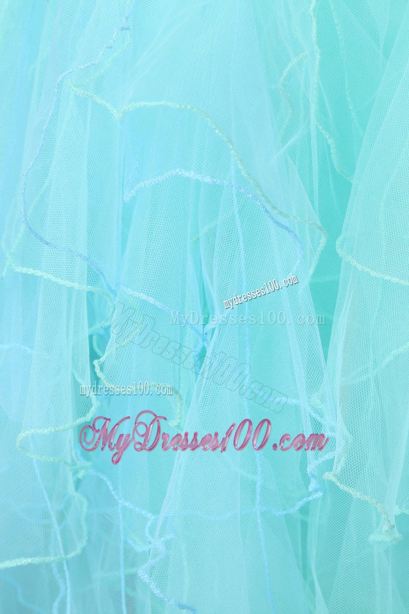 Beautiful Aqua Blue High-low Organza Prom Gowns with Beading and Puffy Ruffles