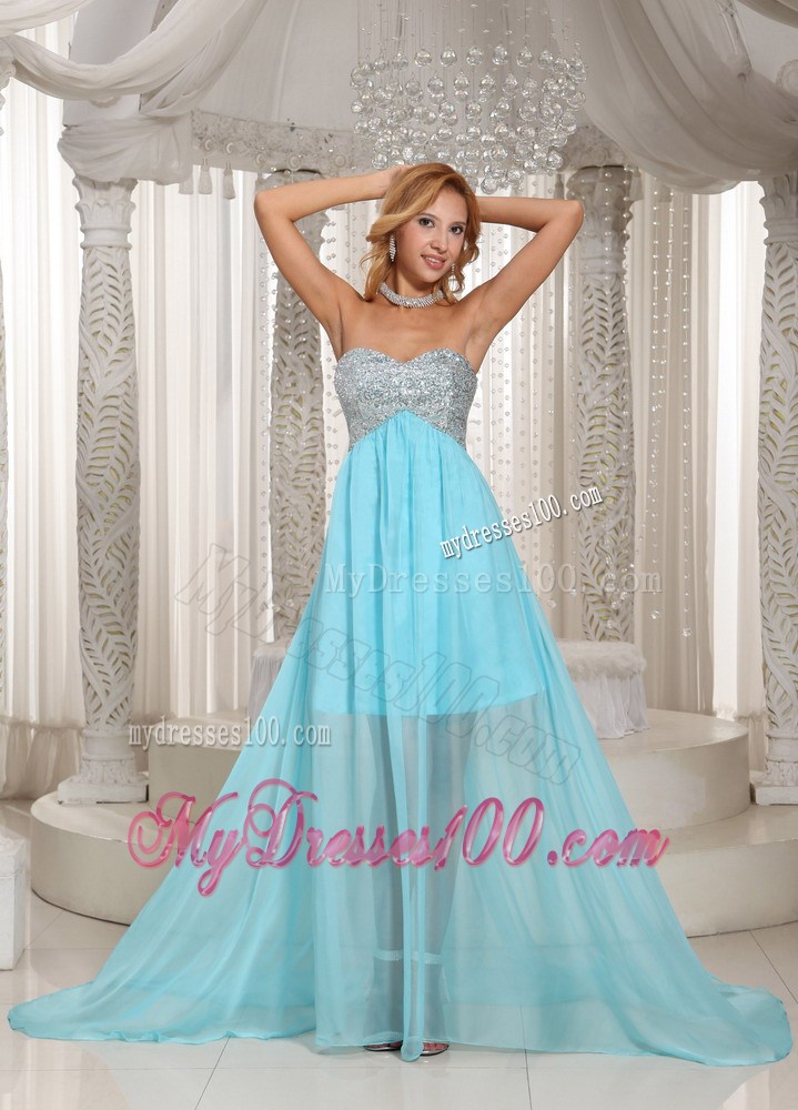 Hot Sale Beaded Sweetheart Brush Train Chiffon Prom Dresses in Aqua Blue