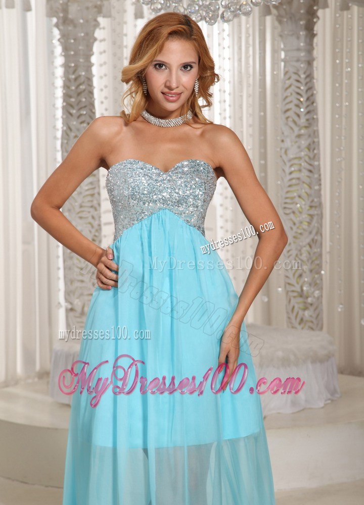 Hot Sale Beaded Sweetheart Brush Train Chiffon Prom Dresses in Aqua Blue