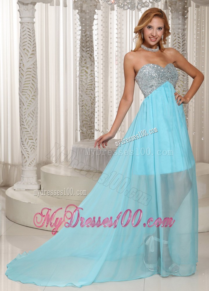 Hot Sale Beaded Sweetheart Brush Train Chiffon Prom Dresses in Aqua Blue