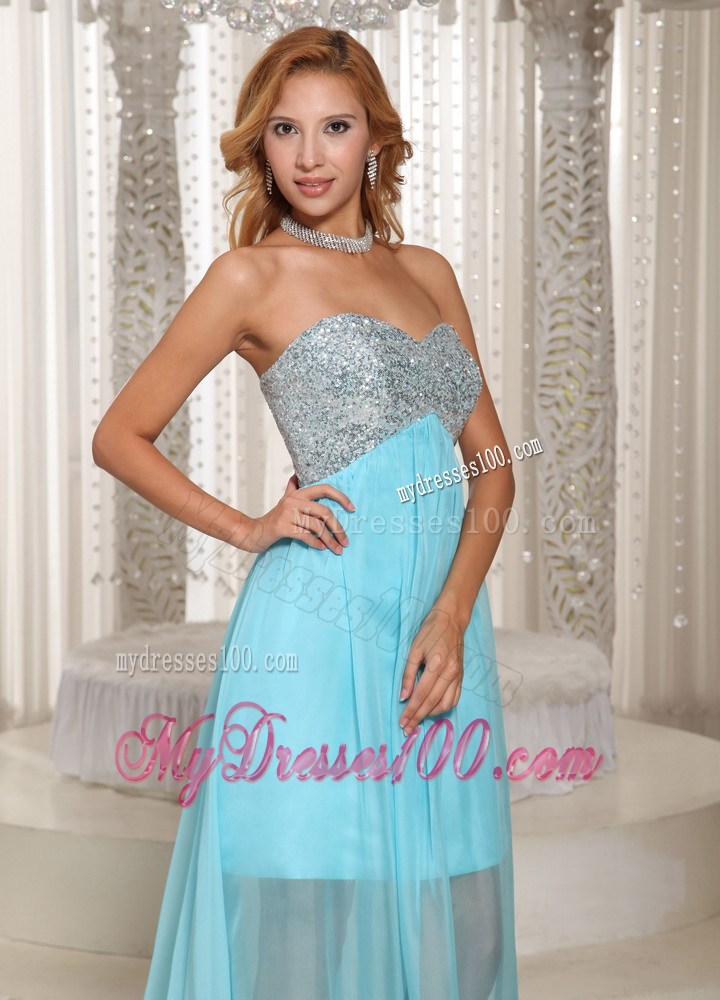 Hot Sale Beaded Sweetheart Brush Train Chiffon Prom Dresses in Aqua Blue