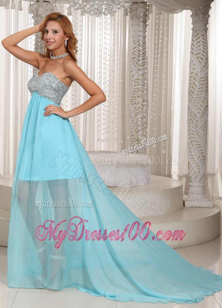 Hot Sale Beaded Sweetheart Brush Train Chiffon Prom Dresses in Aqua Blue