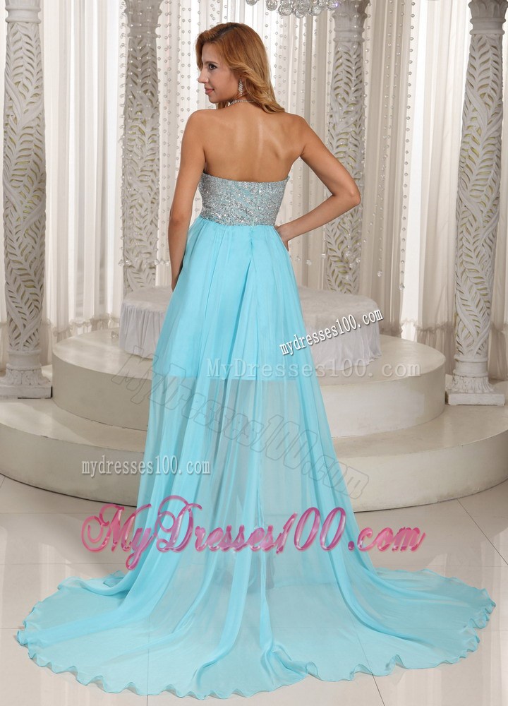 Hot Sale Beaded Sweetheart Brush Train Chiffon Prom Dresses in Aqua Blue