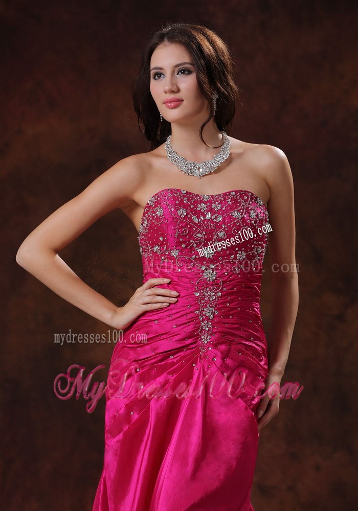 Hot Pink Taffeta Beaded and Ruched Empire Prom Dress Floor-length