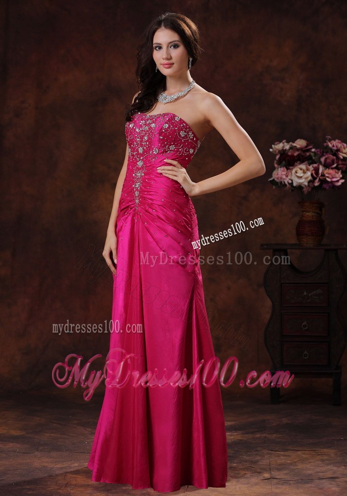 Hot Pink Taffeta Beaded and Ruched Empire Prom Dress Floor-length