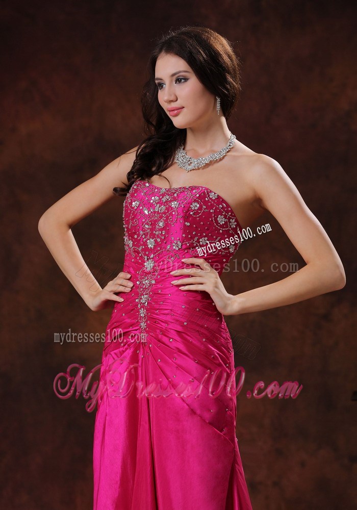 Hot Pink Taffeta Beaded and Ruched Empire Prom Dress Floor-length