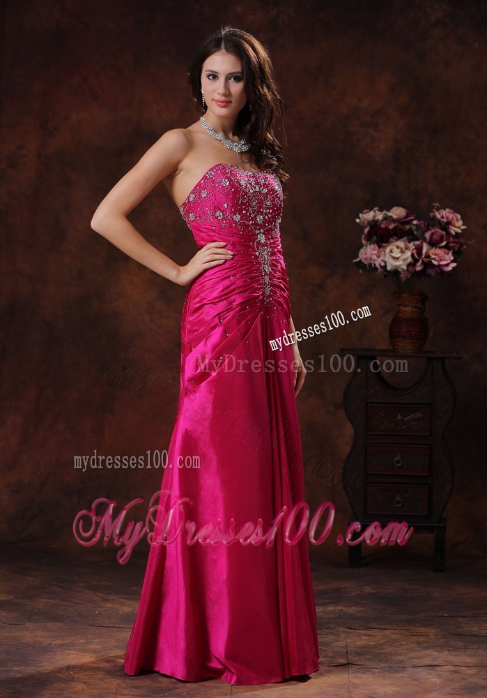 Hot Pink Taffeta Beaded and Ruched Empire Prom Dress Floor-length