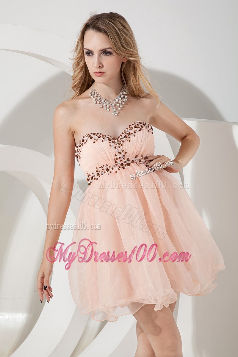 Beaded and Ruched Baby Pink Organza Prom Dresses of Mini-length