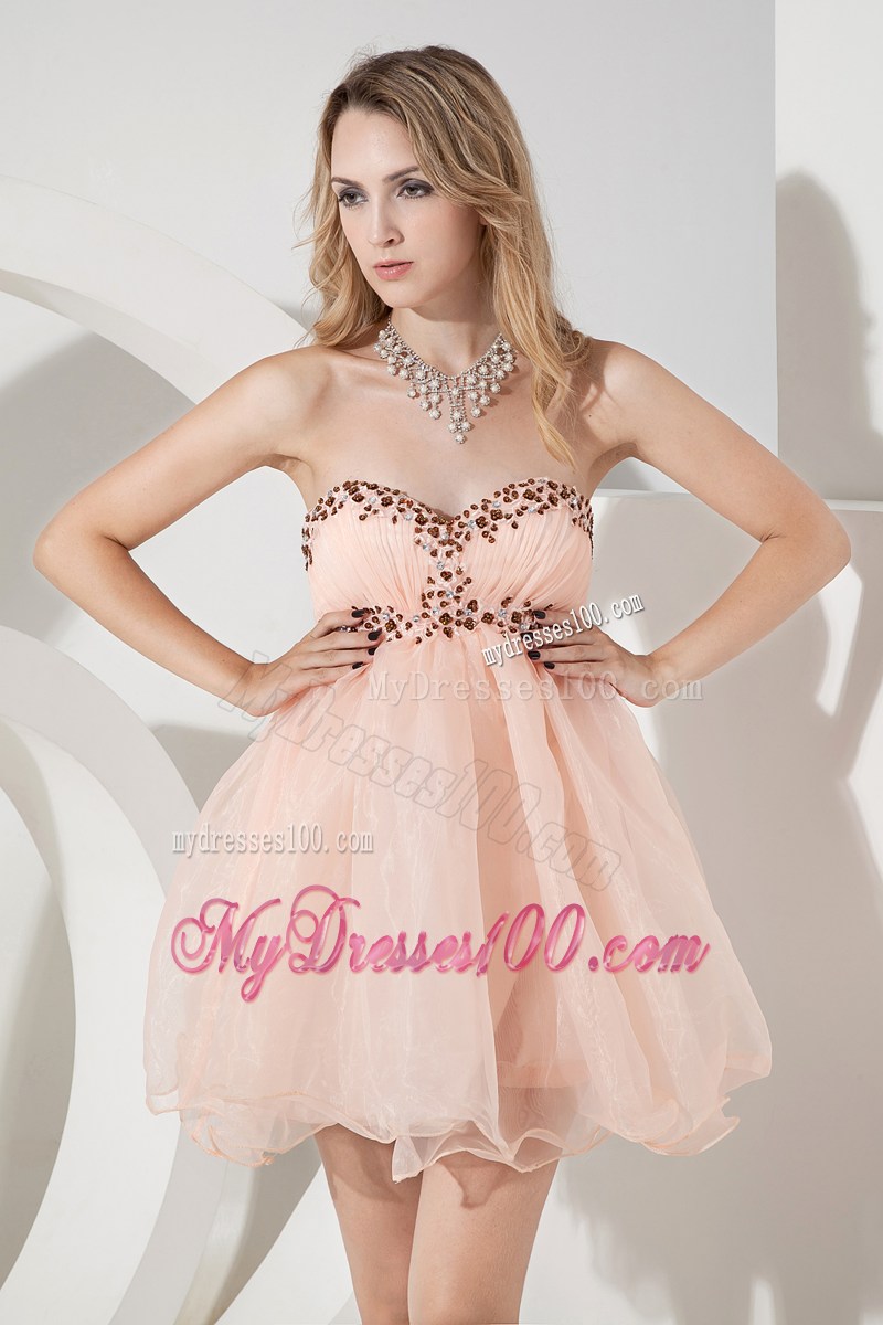 Beaded and Ruched Baby Pink Organza Prom Dresses of Mini-length