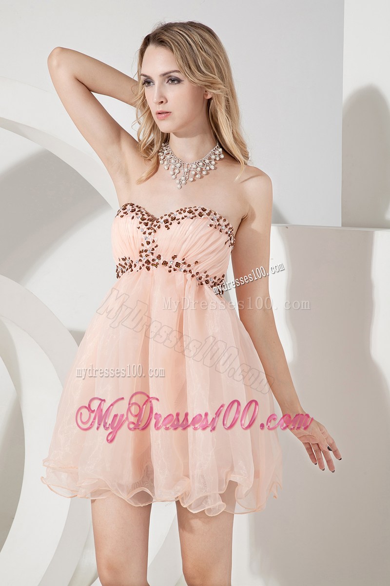 Beaded and Ruched Baby Pink Organza Prom Dresses of Mini-length