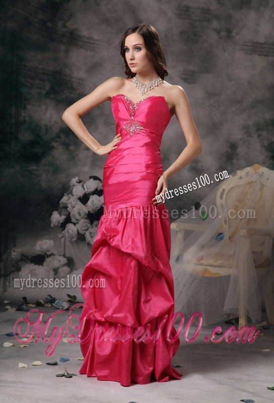 Appliques and Pick-ups Decorate on Hot Pink Prom Gown of Floor-length