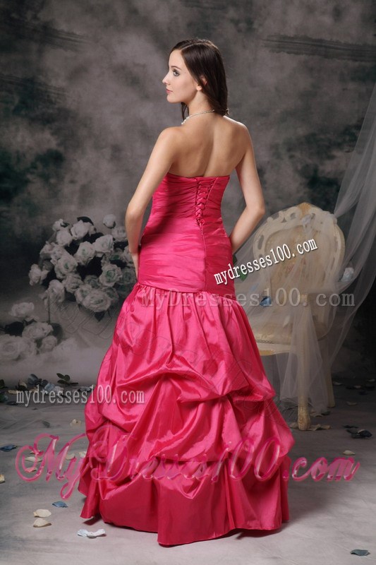 Appliques and Pick-ups Decorate on Hot Pink Prom Gown of Floor-length