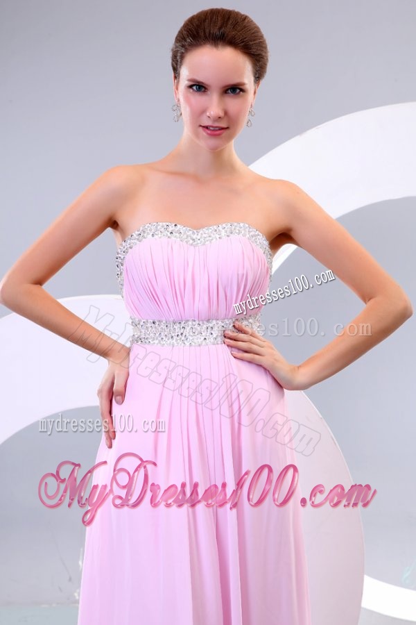 Sweetheart Empire Chiffon Sweep Train Baby Pink Evening Dress with Beading
