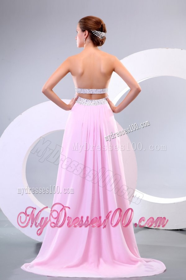 Sweetheart Empire Chiffon Sweep Train Baby Pink Evening Dress with Beading