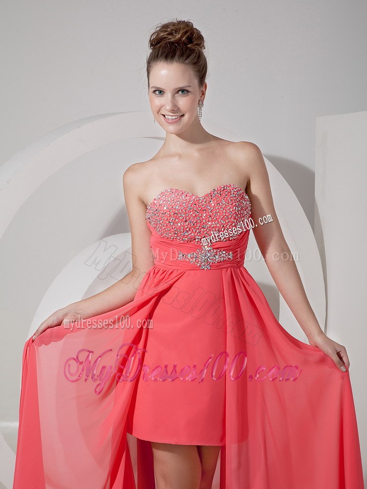 Beading and Ruches Accent High-low Chiffon Prom Gowns in Watermelon Pink