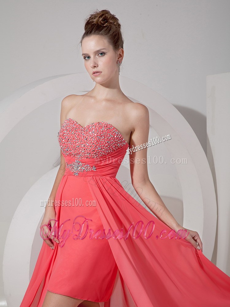Beading and Ruches Accent High-low Chiffon Prom Gowns in Watermelon Pink