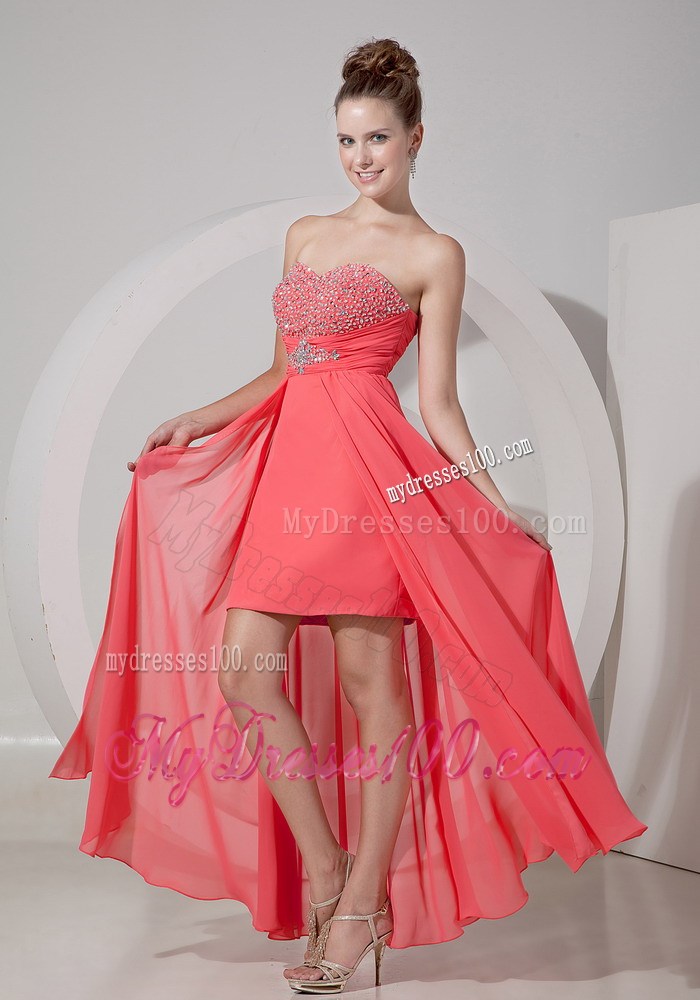 Beading and Ruches Accent High-low Chiffon Prom Gowns in Watermelon Pink