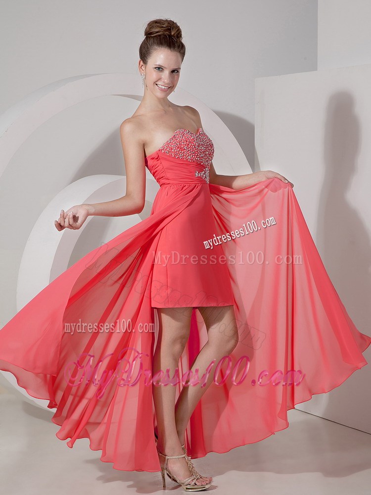Beading and Ruches Accent High-low Chiffon Prom Gowns in Watermelon Pink