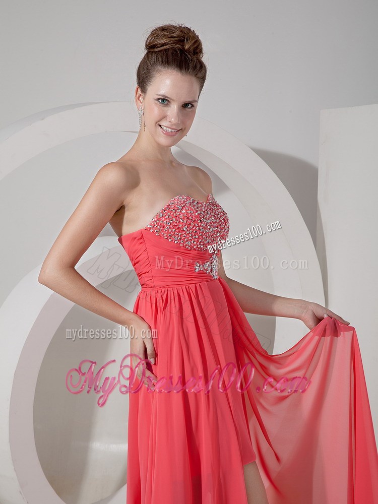 2013 Watermelon Red Sweetheart High-low Prom Dresses with Beading