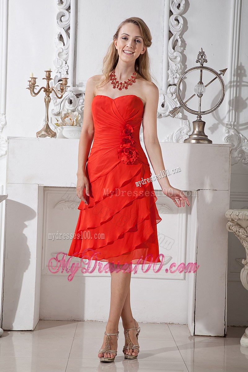 Flowers Decorate Knee-length Chiffon Prom Dress with Ruches and Layers