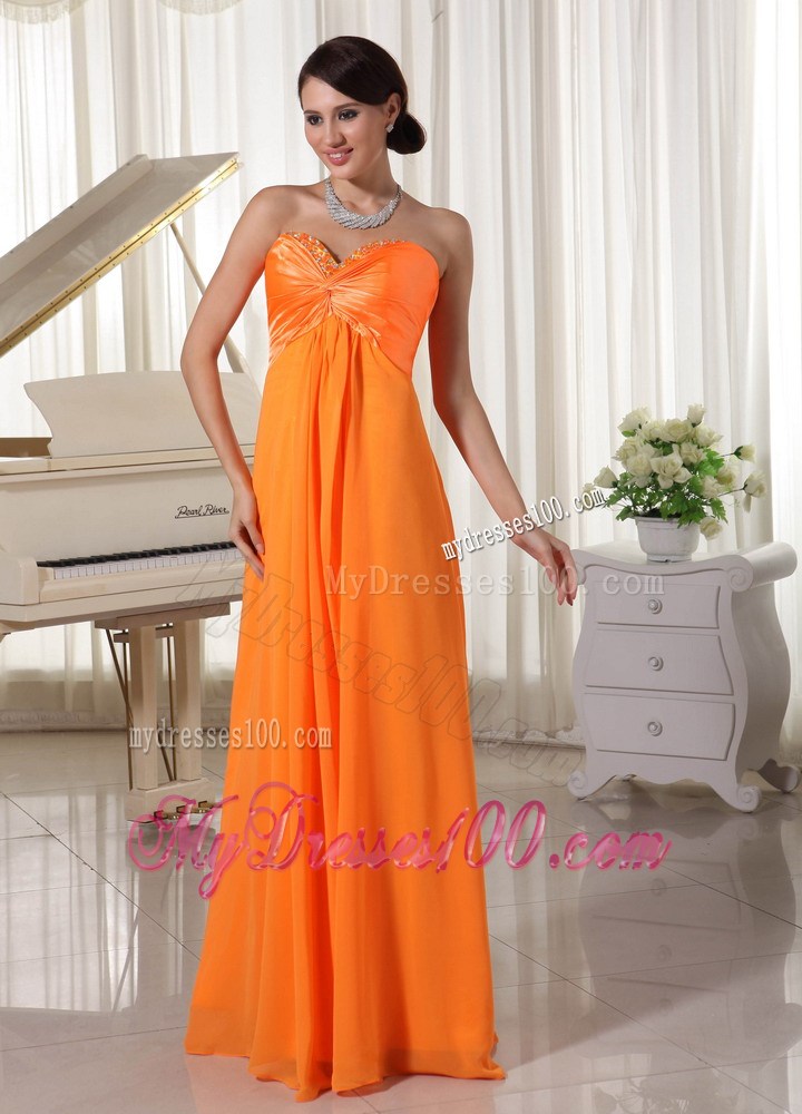 Beading and Ruches Accent Sweetheart Floor-length Prom Dresses in Orange Chiffon
