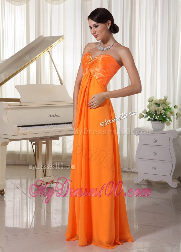 Beading and Ruches Accent Sweetheart Floor-length Prom Dresses in Orange Chiffon