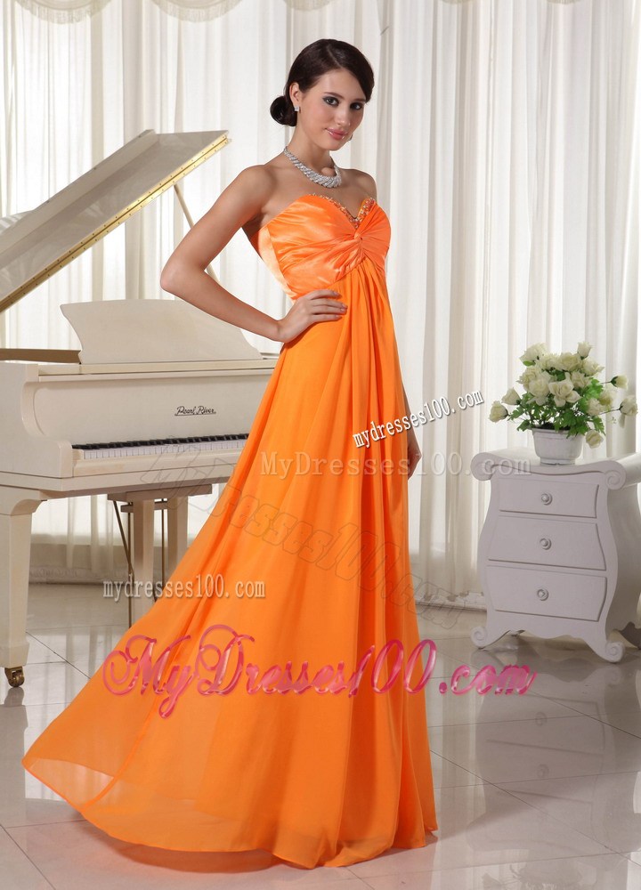 Beading and Ruches Accent Sweetheart Floor-length Prom Dresses in Orange Chiffon
