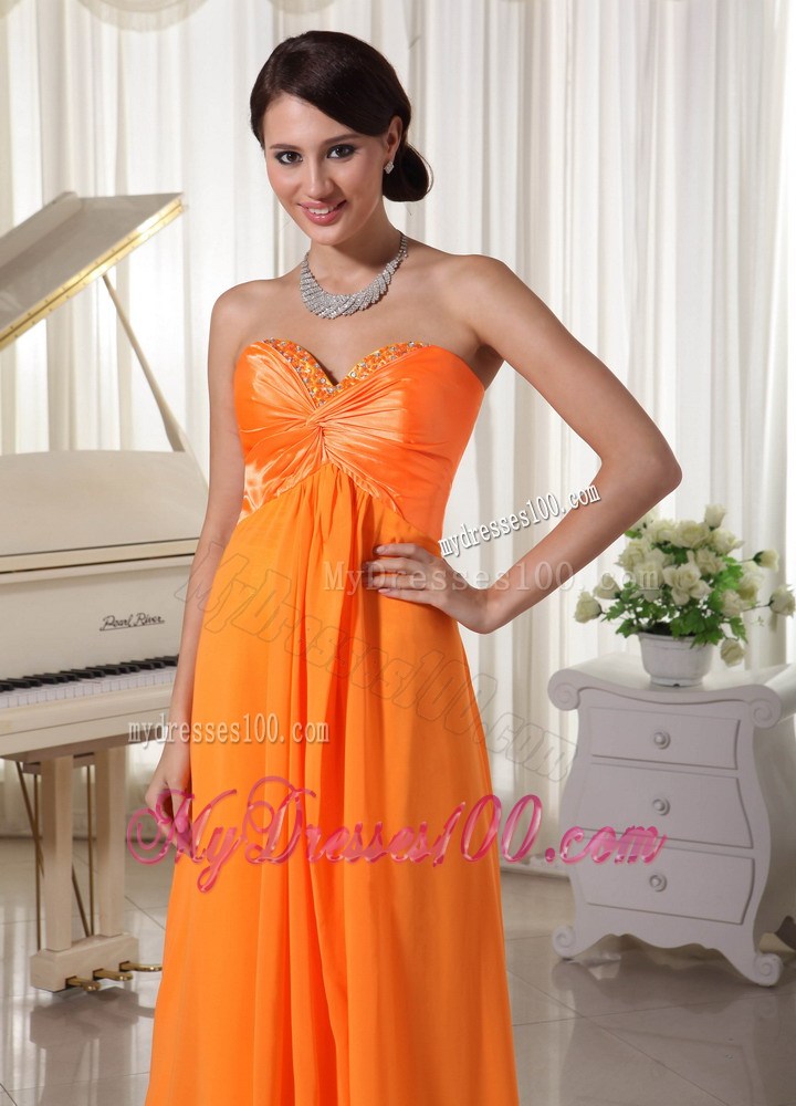 Beading and Ruches Accent Sweetheart Floor-length Prom Dresses in Orange Chiffon