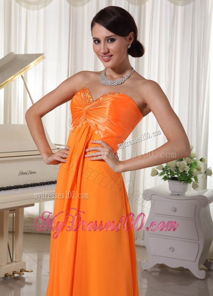 Beading and Ruches Accent Sweetheart Floor-length Prom Dresses in Orange Chiffon