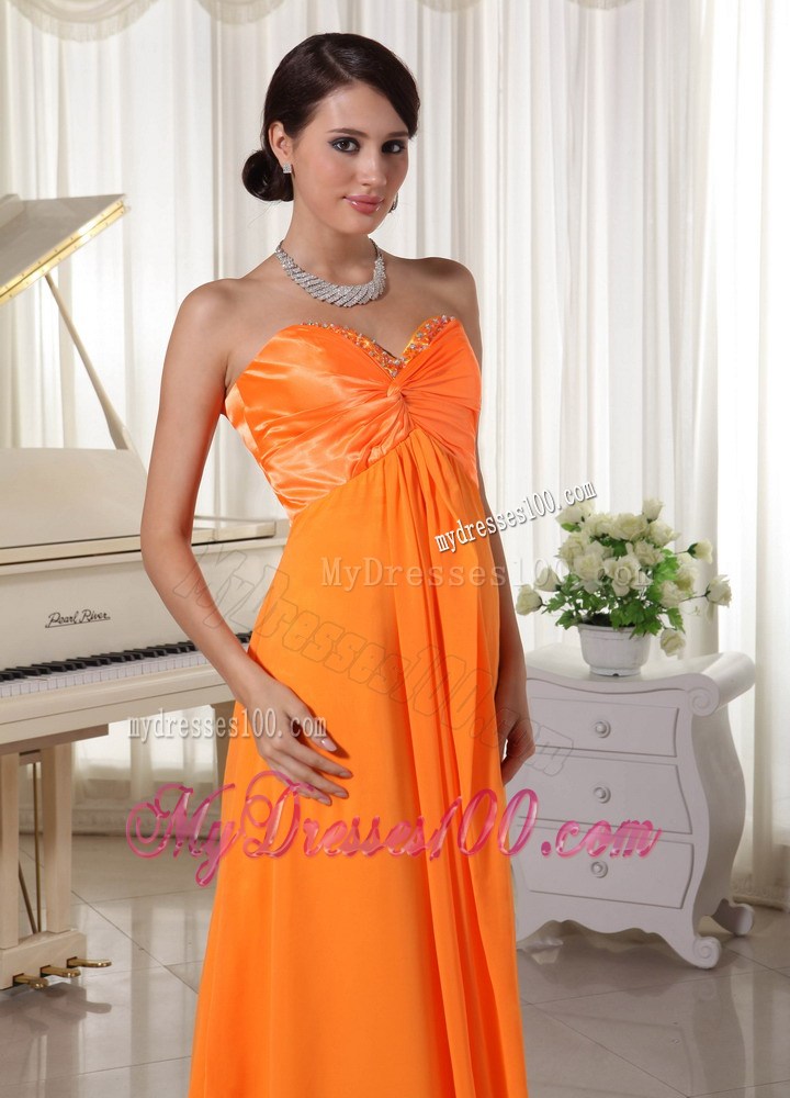 Beading and Ruches Accent Sweetheart Floor-length Prom Dresses in Orange Chiffon