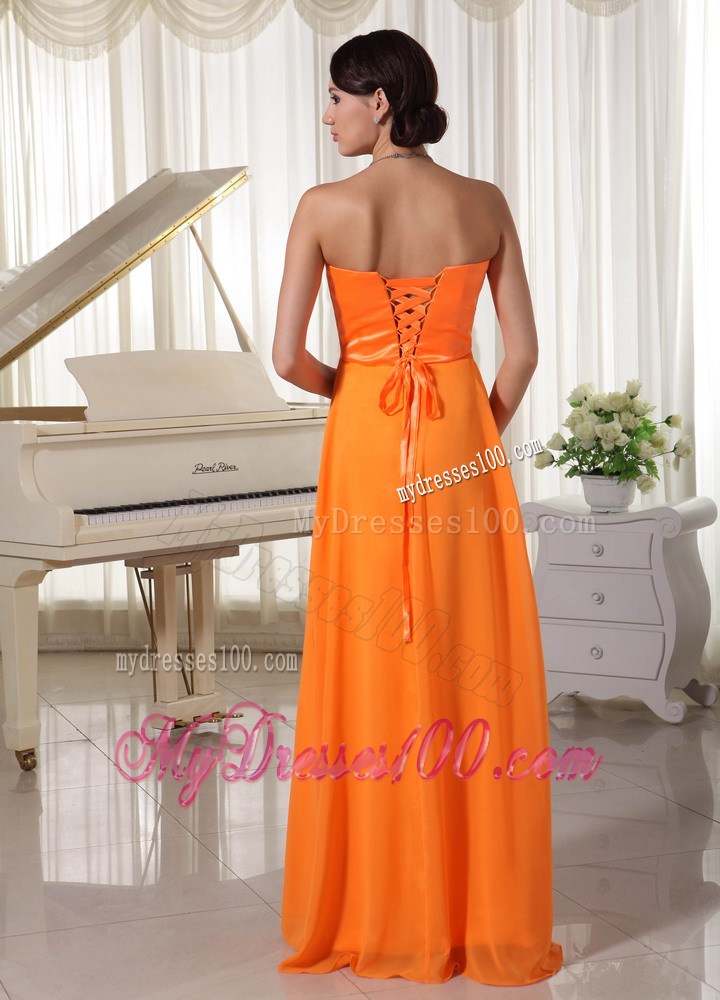Beading and Ruches Accent Sweetheart Floor-length Prom Dresses in Orange Chiffon