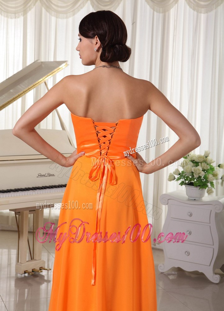 Beading and Ruches Accent Sweetheart Floor-length Prom Dresses in Orange Chiffon