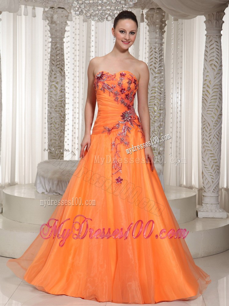 Appliques and Ruches Accent on Orange Organza Prom Dress of Floor-length