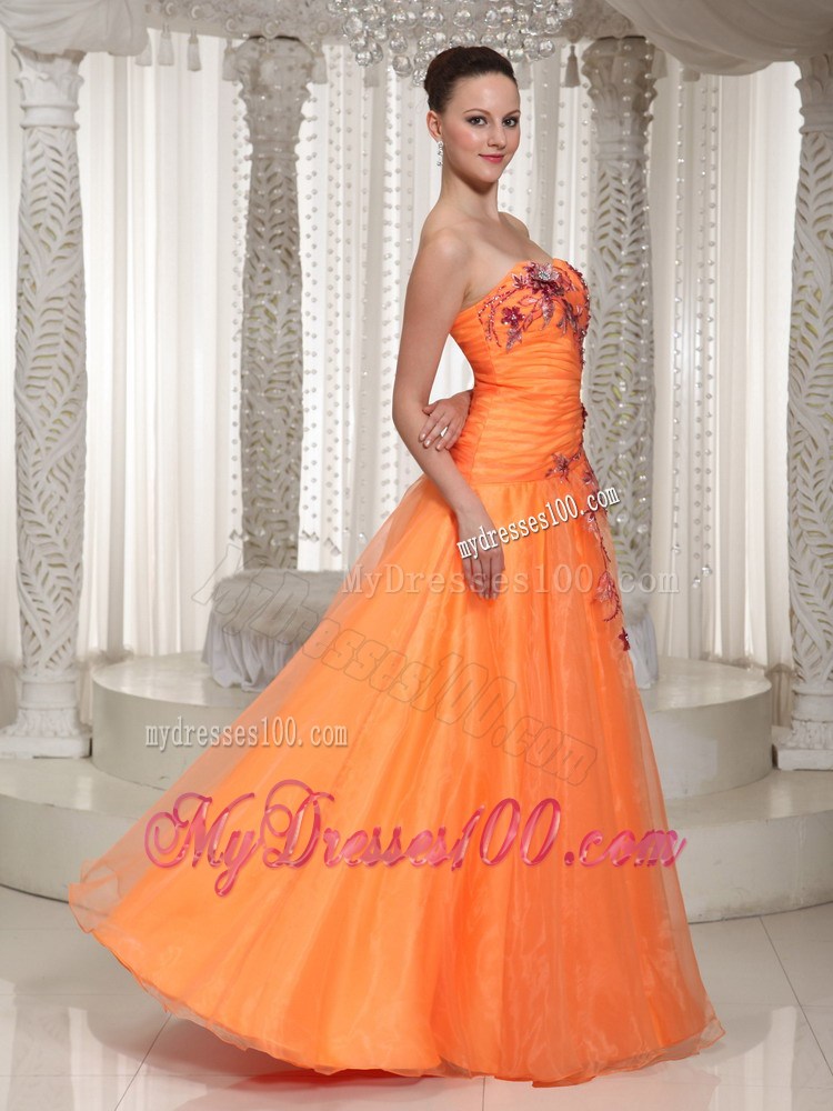 Appliques and Ruches Accent on Orange Organza Prom Dress of Floor-length
