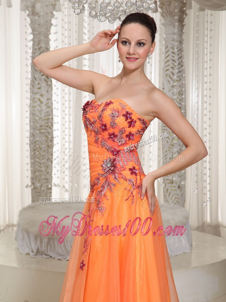 Appliques and Ruches Accent on Orange Organza Prom Dress of Floor-length