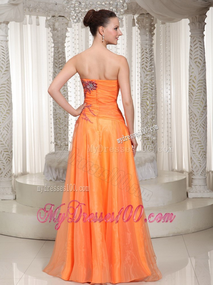 Appliques and Ruches Accent on Orange Organza Prom Dress of Floor-length