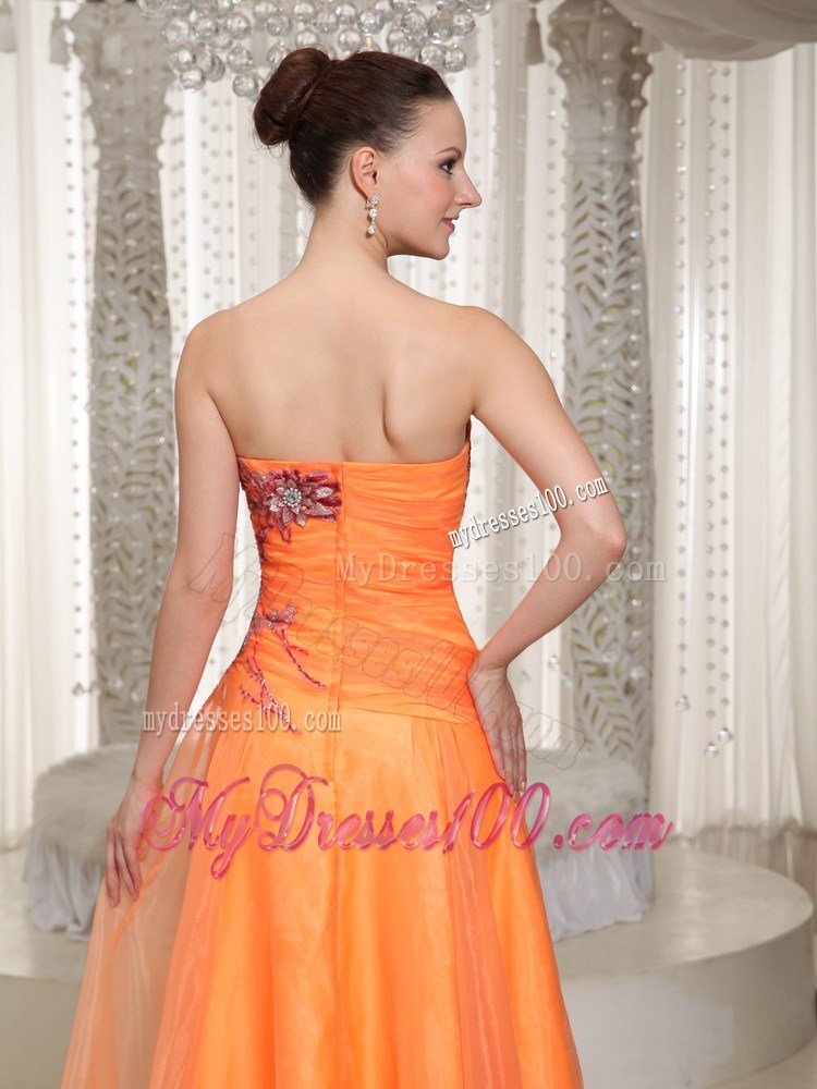 Appliques and Ruches Accent on Orange Organza Prom Dress of Floor-length